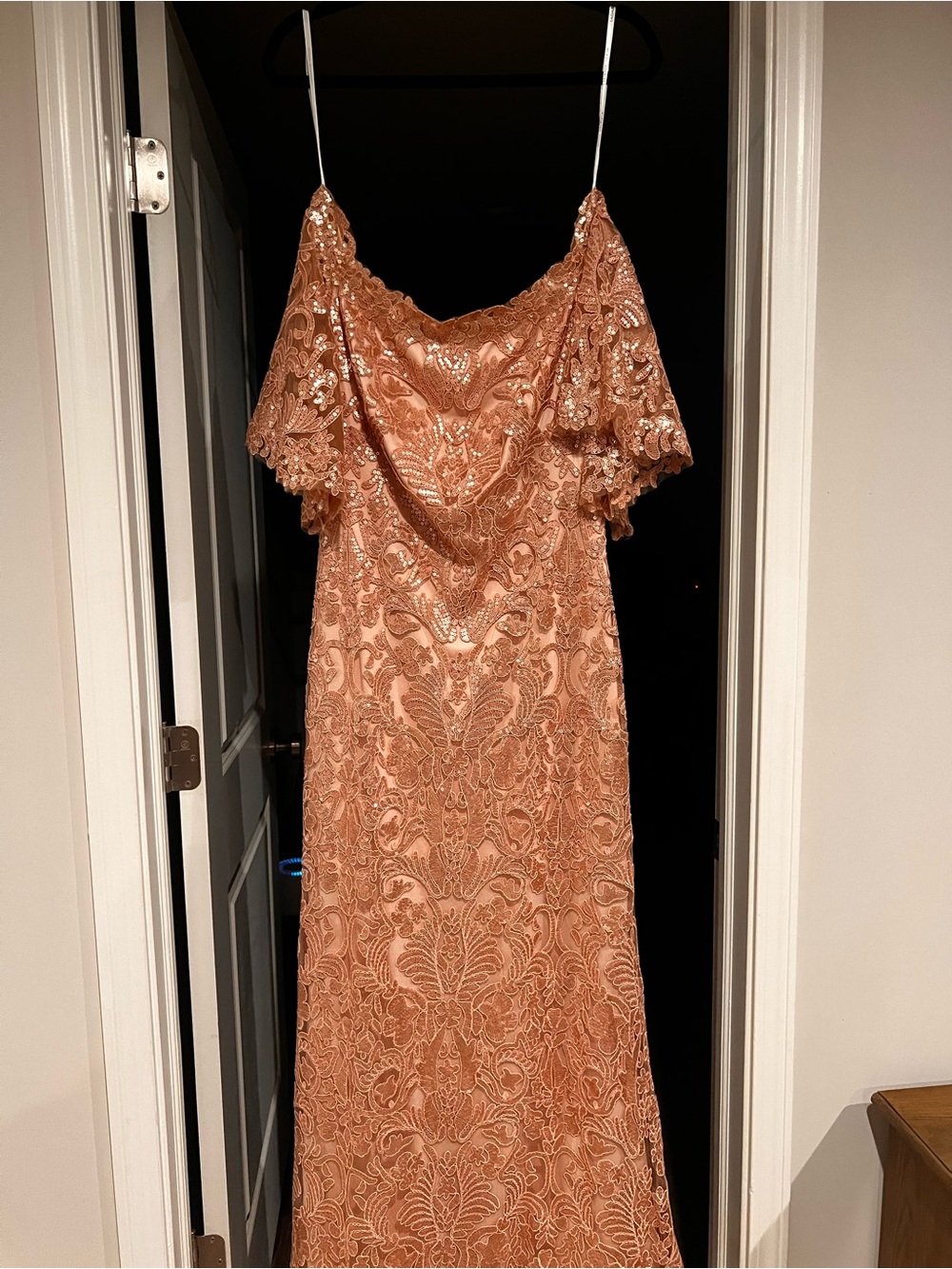 Tadashi Shoji Aimee Sequin Off Shoulder Gown Rose Gold